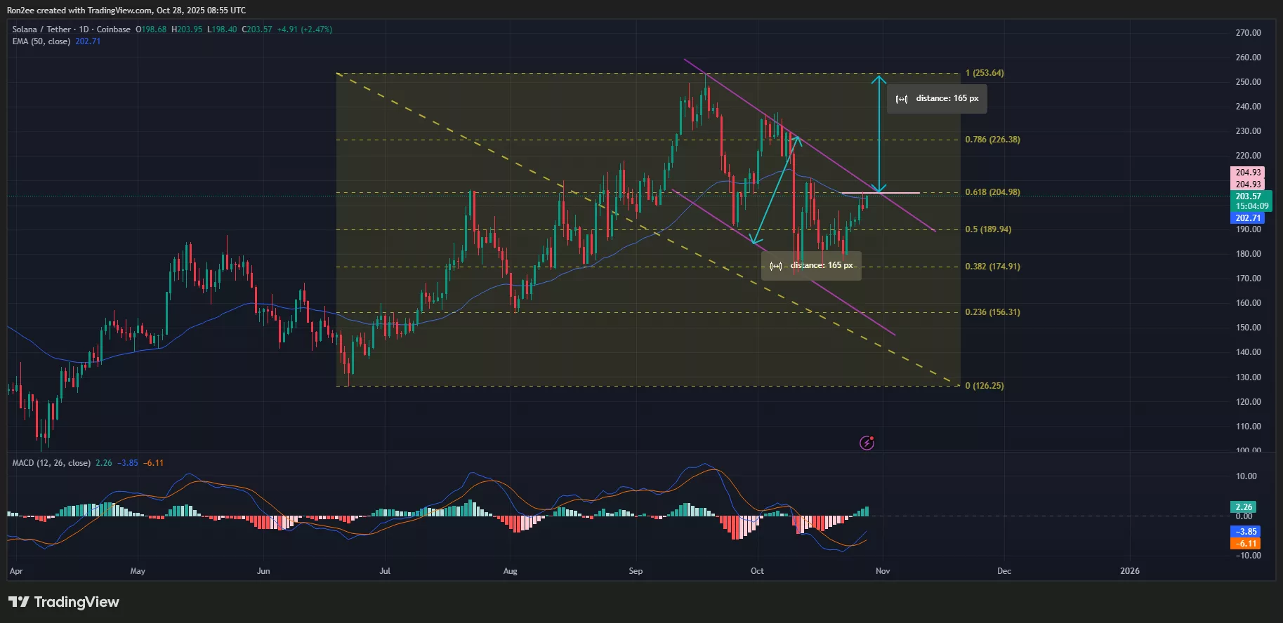 Solana price is testing the upper trendline of a falling channel pattern.
